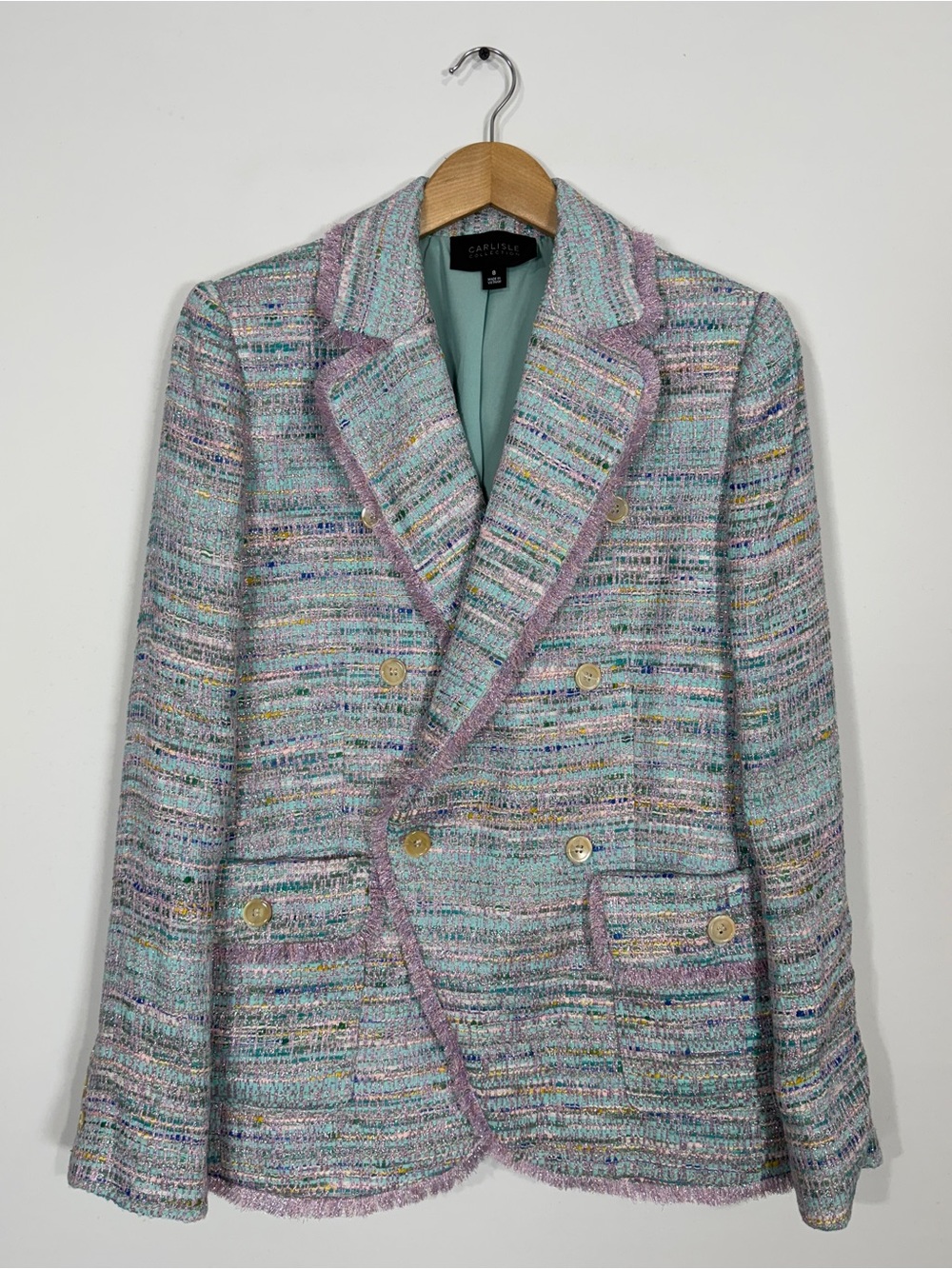 WJT7 {Carlisle Collection} Teal Blue Purple Tweed Fringe Suit Coat Blazer